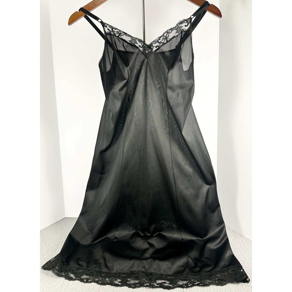 MAIDENFORM SWEET NOTHINGS Sz 32 Black Full Slip Dress Nylon Lace Slit ILGWU